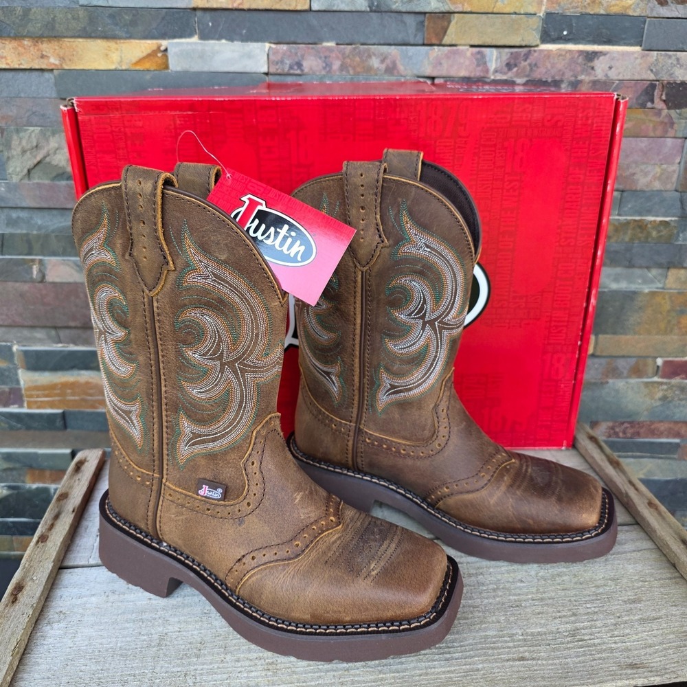 Justin Boots INJI Brown Water Buffalo Wide Square Toe Boots Size 6B GY9984  NEW